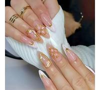 Punta Francese Pressa Unghie Acriliche Con Fiori Disegni Mandorle Falsi Per Donne Manicure 24pcs Copertura Falsa Chioda