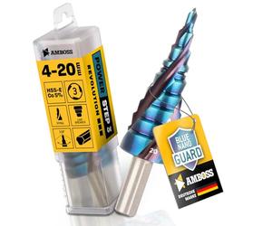 Punta per trapano a gradini, Ø 4 - 20 mm/9 livelli, trapano conico professionale per metallo HSS-E Co 5%, incudine PowerStep 3 TiAlSiN Blue Nano Guard/acciaio, Inox, acciaio inossidabile, alluminio