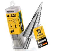 Punta per trapano a gradini, Ø 4-32 mm, 15 livelli, fusto da 10 mm, trapano conico professionale HSS/incudine PowerStep 2, adatta per acciaio, alluminio, plastica, vetro acrilico