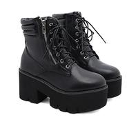 Punta Rotonda Tacco Alto Booties Lace-Up Ecopelle Combattimento Stivali Militari Donna con Cerniera Antiscivolo Trekking Stivaletti,Nero,36 EU