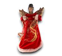 Puntale Angelo Natalizio Decorativo Abito Rosso e Dettagli Oro - Statuina Angelo Gloria in tessuto Decorazioni Natalizie - Statua per Albero di Natale, Tavolo e Camino (40 Cm, Ali Oro)