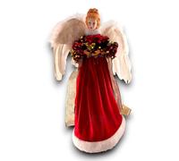 Puntale Angelo Natalizio Decorativo Abito Rosso e Dettagli Oro - Statuina Angelo Gloria in tessuto Decorazioni Natalizie - Statua per Albero di Natale, Tavolo e Camino (40 Cm, Ali Bianche)