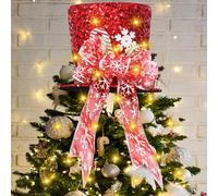 Puntale per Albero di Natale, 26 * 20cm Grande Cappello a Cilindro Cappello a Cilindro per Albero di Natale, con Striscia Luminosa e Fiocco, per Casa Natale Inverno Festa Decorazione (Rosso)