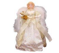 Puntale per albero di Natale, angelo in piedi con ali di piume bianche, statuetta di angelo da 31 cm, gonna in tessuto, decorazione per compleanno, Capodanno, rosso, oro, argento, nero