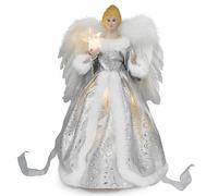 Puntale per Albero di Natale con Angelo, Statuetta con Angelo di Natale, Decorazione Natalizia per Interni con Ali di Piume, 12,6 Pollici (Angelo D'argento)