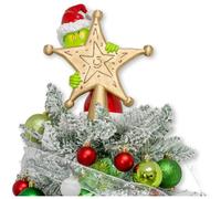 Puntale per albero di Natale da 25,4 cm, simpatico e divertente ladro di Natale nascosto dietro una stella dorata, dipinto a mano, unico mostro di Natale, decorazione per tavolo e mensole per interni