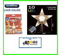 PUNTALE STELLA PER ALBERO DI NATALE LUMINOSO 10 LED LUCE BIANCA CALDA BATTERIE