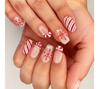 Punte artificiali natalizie per unghie, con strisce rosse e bianche e fiocchi di neve, eleganti set di unghie a pressione per donne, bastoncini acrilici con punta francese per le vacanze, kit di falsi