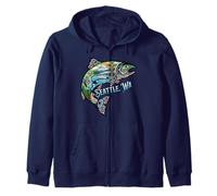 Punti di Riferimento del Salmone di Seattle con Mt Rainier Orca Eagle ECC. Felpa con Cappuccio