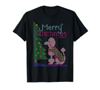 Punto Croce con Cane Barboncino e Albero di Natale, Merry Stitchmas Maglietta