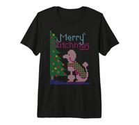 Punto Croce con Cane Barboncino e Albero di Natale, Merry Stitchmas Maglietta Premium