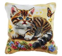 Punto Croce da Ricamare Cuscino Gatto Ricamo Cuscino Punto Croce per Principianti 40x40cm Prestampato Set per Cuscino Punto Croce Cuscino Punto Croce Fai da te con Ago da Ricamo e Filo da Ricam