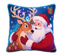 Punto Croce Kit da Ricamare Cuscini, Babbo Natale e il cervo animale Cuscino In Tela Stampata A Punto Croce 45x45cm Kit per Cuscino Ricamato Fai da te con Ago da Ricamo e Filo da Ricamo
