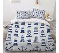 Punto di ancoraggio del faro parure copripiumino matrimoniale, Blu navy Copripiumino 200x200cm, Amanti dei cartoni animati - Copripiumino in Microfibra 2 Federe, Stile Oceano Copripiumini set da letto