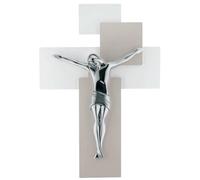 PuntoCasaStore Crocifisso da Parete Design Moderno 27x19cm Legno Nocciola Cristo Argentato Alta qualità - Made in Italy BOMBONIERA Idea Regalo Decorazione COMPLEMENTI ARREDO