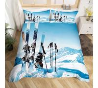 PUOJIEAT Copripiumino Una Piazza e Mezza Sci, Morbida Microfibra Biancheria da Letto Paesaggio Montano di Neve Invernale Copripiumini 200x200 con 2 Federe 50x80 cm 3D Copripiumina Set t.2213