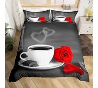 PUOJIEAT Set Copripiumino una Piazza e Mezza 200x200 Caffè, Biancheria da Letto Rose Rosse Stampa 3D, Copripiumino in Morbida Microfibra e 2 Federe 50x80 cm OPQ865