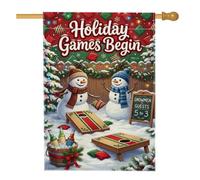 Pupazzi di neve che giocano a cornhole Winter citazione Natale casa | Tema del gioco del cornhole, bandiera del prato, scena invernale innevata, colori vivaci delle vacanze