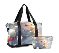 Pupazzo di neve con cappello di Natale sorridente sulla neve grande borsa da viaggio borsa per il fine settimana con cinturino regolabile per escursionismo multifunzione, pupazzo di neve con cappello