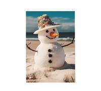 Pupazzo di neve con conchiglie seduto sulla spiaggia sabbiosa 3 x 1,5 m, bandiere da giardino vivaci su entrambi i lati banner di benvenuto stagionale banner con occhielli in ottone decorazione sfondo