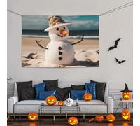 Pupazzo di neve con conchiglie seduto sulla spiaggia sabbiosa grande cartello decorazione per feste 119 x 180 cm, sfondo personalizzato da appendere alla parete striscioni per compleanno cortile