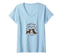 Puppy Love Forever: Adorabile Coppia di Cani a Forma di Cuore Maglietta con Collo a V, Donna, Celeste, XXL