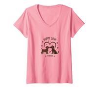 Puppy Love Forever: Adorabile Coppia di Cani a Forma di Cuore Maglietta con Collo a V, Donna, Rosa, XXL