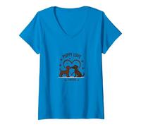 Puppy Love Forever: Adorabile Coppia di Cani a Forma di Cuore Maglietta con Collo a V, Donna, Zaffiro, S