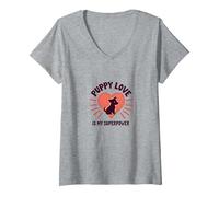 Puppy Love Is My Superpower - Cuore per Amanti dei Cani Maglietta con Collo a V, Donna, Grigio Melange, XL