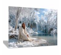 PUQAAEO Decorazioni di Gesù Gesù e la neve Murale di Gesù, murale cristiano su tela per soggiorno, camera da letto, chiesa, studio, divano(Bianco64)-70x100cm Incorniciato