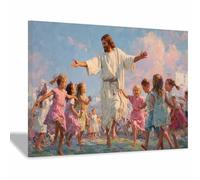 PUQAAEO Murale di Gesù Gesù e i Bambini Dipinto su tela, murale per soggiorno, murale cristiano, adatto a soggiorni, camere da letto e chiese.(rosa143)-50x70cm Incorniciato