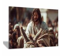 PUQAAEO Murale di Gesù Gesù e l'asino Dipinto su tela, murale per soggiorno, murale cristiano, adatto a soggiorni, camere da letto e chiese.(Multicolore123)-50x70cm Incorniciato