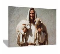 PUQAAEO Murale di Gesù Gesù e le pecore Dipinto su tela, murale per soggiorno, murale cristiano, adatto a soggiorni, camere da letto e chiese.(Bianco103)-80x120cm Incorniciato