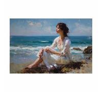 PUQAAEO Vista mare sulla spiaggia Il mare e la donna Immagini della spiaggia,Dipinto sull'oceano,Adatto per soggiorno, camera da letto, ufficio, bagno(Bianco28)-70x100cm Non incorniciato