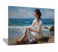 PUQAAEO Vista mare sulla spiaggia Il mare e la donna Immagini della spiaggia,Dipinto sull'oceano,Adatto per soggiorno, camera da letto, ufficio, bagno(Bianco28)-50x70cm Incorniciato