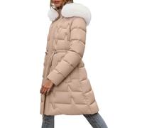 Puramala Cappotto lungo da donna trapuntato con cappuccio e pelliccia sintetica foderato, con taglio sciancrato, parka caldo per le giornate fredde, Stil_h04 kaki, L