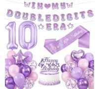 PURCAFT Set di 49 decorazioni per il 10° compleanno per ragazze - Laser a doppia cifra forniture per feste di compleanno con striscioni, topper per torte, palloncini macaron, fascia di compleanno