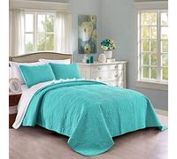 PURE BEDDING Set Trapunta - Copriletto Oversize - Coperta Leggera in Morbida Microfibra per Tutte Le Stagioni (Full/Queen - Geometrico-Aqua)