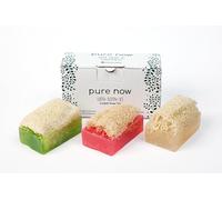 Pure Now Luffa Set di saponi (3 x 100 g), con aloe vera, olio di rosa e acqua di riso, vegano, peeling naturale, idratante