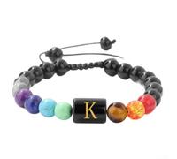 PureBowlic Braccialetto di perline intrecciato a mano con quarzo e vetro vulcanico, regolabile da 17,0 a 29,5 cm, unisex, per meditazione, yoga, meditazione, design personalizzato con lettere