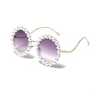 PureBowlic Occhiali da sole rotondi da donna in metallo UV400 | Aste ondulate uniche, accenti di perle, per un design alla moda, dichiarazione di moda, stile accattivante