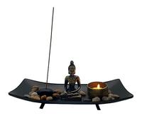 Purekay Zen Portacandele Buddha Kit Tavolo da Giardino con Vassoio in Legno Statua di Buddha Rocce Portaincenso Decorazione Feng Shui Meditazione Relax
