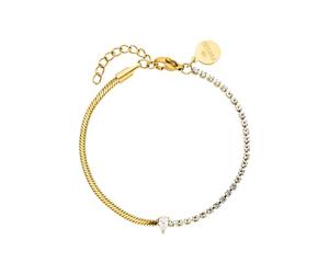 Purelei® Bracciale Fusion - Design a due parti con catena da tennis con zirconi e catena a serpente - acciaio inossidabile placcato oro - pietra goccia bianca - regolabile 16 - 20 cm - oro/argento/oro