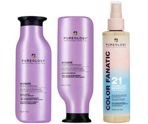 Pureology Hydrate Shampoo, Conditioner and Color Fanatic Multi-Benefit Leave-in, Moisturising Bundle for Dry Hair
