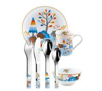 Puresigns FRIENDS Set di stoviglie per bambini, 7 pezzi, design durevole con animali della foresta, tasso, orso e cinghiale, con posate, piatti, ciotola per cereali e tazza