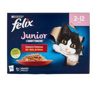 Purina Felix Le Ghiottonerie Junior in Gelatina con Manzo e Pollo per Gattino 2-12 mesi, 1 scatola con 12 bustine