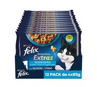 Purina Felix Sensations Extras Cibo Umido per Gatti con Salmone e un Pizzico di Formaggio e con Tonno e un Pizzico di Formaggio, 48 buste da 85g ciascuna