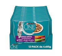 PURINA ONE Appetito Difficile Cibo Umido per Gatti Adulti Filettini con Pollo, Manzo e Fagiolini, Tacchino, Anatra e Carote 48 Buste da 85g