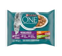 Purina ONE Appetito Difficile Filettini in salsa Cibo per Gatti con Pollo e Manzo, Tacchino e Anatra, 48 Buste da 85 g
