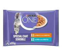 PURINA One - Gatti sensibili al pollo, tonno e carota, 4 x 85 g